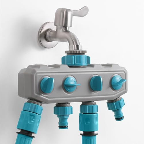 Navaris Conector Manguera con 4 Vías Independientes - Accesorio Separador de Grifo de Agua - Divisor para Manguera Jardin 4X - Divisor para Manguera con 4 Cierres Individuales