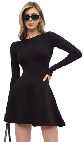 Hanaoops Långärmad damklänning, rund hals, bodycon, swingklänningar, enkel tunika, tröja, utsvängd klänning, vardaglig fest, miniklänningar, knälängd, Svart, L