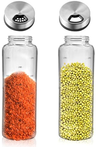 Lot de 2 pots à épices en verre borosilicate avec couvercle rotatif - 3 types de trous d'épices en acier inoxydable - Pour cuisine, salle à manger, barbecue en plein air (300 ml)