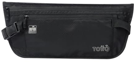 TOTTO - Riñonera Viaje, Modelo Security, Medidas 28 x 13 x 1 cm, 1 Compartimento Principal y 1 Bolsillo con Cremallera, con Sistema RFID Blocker, Tira Ajustable, Resistente, Color Negro