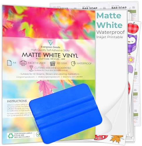 Evergreen Goods 10 A4 Matte White Printable Sticker Paper Vinyl with Squeegee | Inkjet Laser Waterproof Sheets - Blank Self Adhesive Vinyl | Make Your Own Stickers & Product Labels