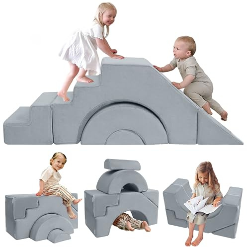 MeMoreCool Klettersofa mit Rutsche und Treppe Fuer Kinder, Modulares Spielsofa aus Schaumstoff in Grau, Softbausteine zum Klettern Krabbeln und Spielen, Mini Kindersofa mit Abnehmbarem Bezug