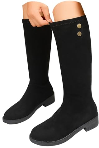 Bottes Femme Hautes en Daim, Bottes Classiques Femmes à Talon Plat et Bout Rond avec Boutons Décoratifs, Chaussures Confortables et Stylées pour le Quotidien, les Sorties et les Occasions Spéciales