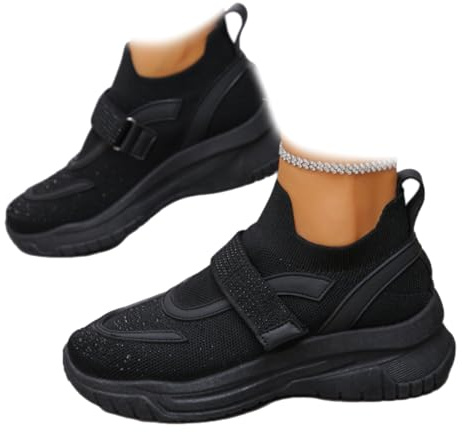 Scarpe da ginnastica ortopediche con zeppa e zeppa, in maglia con strass, da donna, con glitter, leggere, senza lacci, da passeggio e da tennis, Nero , 44 EU