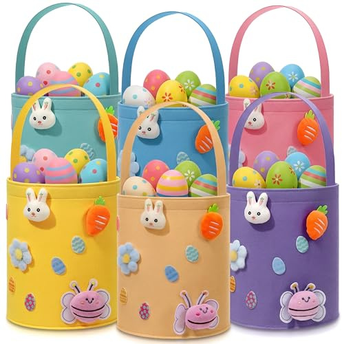 Breling 6 Pcs Large Easter Egg Basket Bulk Easter Bunny Baskets with Handles Reusable Felt Bucket for Candy Gifts Storage Party Favors 10 x 9 x 9 Inch(Pastel)