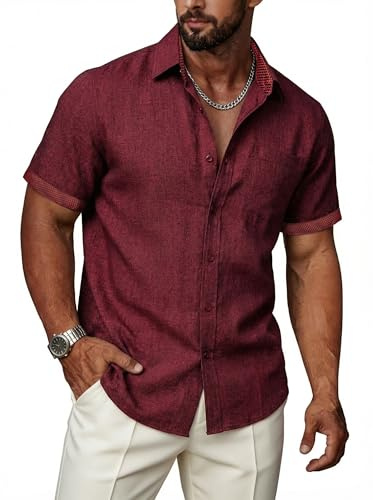 Ailisus Chemise en lin à manches courtes pour homme - Coupe droite - Contraste - Chemise d'affaires et de loisirs - Avec poche de poitrine - Pour affaires, bureau, été