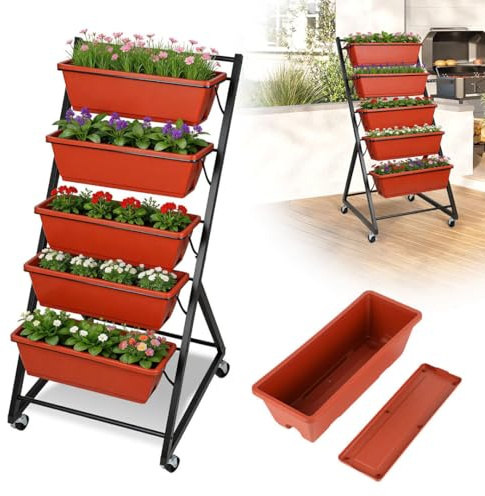 ISOISL Bancal elevado, 5 niveles, arriate vertical con jardinera y ruedas, escalera para flores con agujeros de drenaje, arriate alto, jardinera, jardinera para jardín, balcón, terraza (64 x 56 x 121