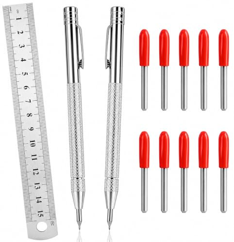 2 Bolígrafos Carburo Tungsteno con Punta Metálica, 10 Puntas de Repuesto y Regla de Acero de 15 cm, Marcador Metal Duro, Herramienta para Marcar y Grabar Metal, Vidrio, Cerámica y Azulejos