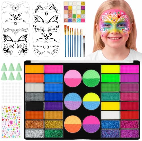 LOPHE Kit Peinture Corporelle Visage 44 Couleurs 10 Pinceaux et 10 Pochoirs