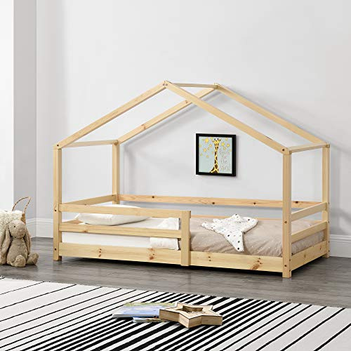 [en.casa] Kinderbett Knätten Hausbett Bodenbett 90 x 200 cm Holzbett für Kinder mit Rausfallschutz Bettgestell mit Lattenrost Kiefernholz Holzfarben