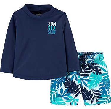 Simple Joys by Carter's Baby Jungen Swimsuit Trunk and Rashguard Rash-Guard-Set, Marineblau Weiß Tropisch, 4 Jahre