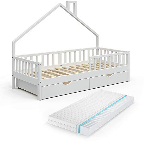 VitaliSpa Hausbett Noemi, Weiß, 90x200 cm mit 2 Schubladen und Matratze