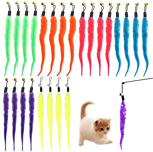 KuuGuu 24 PCS Cat Worm Toy Replacement Teaser with Bell Refills Indoor Cat's Interactive Wand and Catch Wand Soft Squiggly Worm Teaser Refills Attachment Interactive Catch Toy Accessories （6 Color）