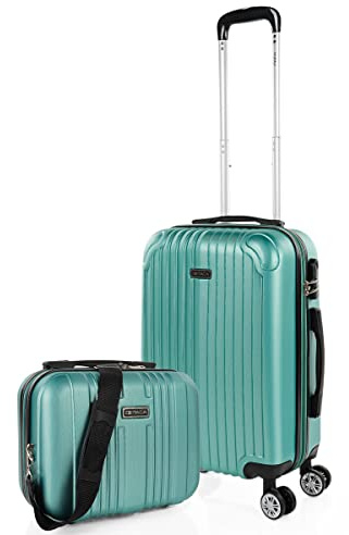 ITACA - Resväska Set Med 4 Hjul ABS Trolley Hjul Utdragbar Robust Och Lättvikt Handtag Hänglås Liten Lågkostnadshytt, Medium Och Stor Och Necessär. T71500, Akvamarin, 55 Cm + 35 Cm