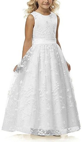 Aibaowedding Chic - Abito lungo da comunione per bambini, abito estivo in tulle ricamato con cintura di raso, linea A, abito da damigella d'onore, abiti floreali per ragazze dai 2 ai 12 anni, bianco