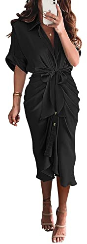 BTFBM Dresses for Women Summer Button Short Sleeve Silk Satin Ruched Spring Maxi Dress 2026 Cocktail Party Wedding(Black, X-Large)