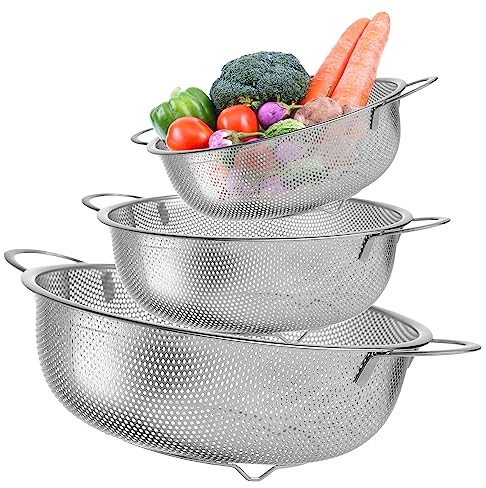 Sieb 3er-Set, Edelstahl Perforierte Küchensieb mit Griffe, Mikroperforiertes Abtropfsieb, Metall Küche Seiher für Ablaufen & Straining Nudeln, Reis, Obst, Gemüse, Spülmaschinenfest, 16cm/22cm/28cm