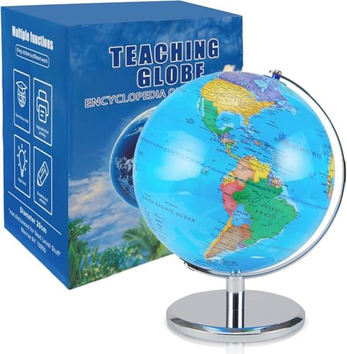 Bike on Hike LED Illuminated World Globe with Chrome Rotating Stand – 3-in-1 Educational Tool, Interactive Learning Glowing Globe, Lighted Display, 9.5 Inch