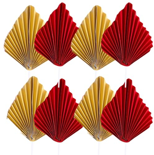 8 Pcs Paper Palm Fan Cake Toppers Palm Spear Leaf Golden Red Leaf Fan Cupcake Toppers DIY Cake Decoration for Birthday Wedding Party