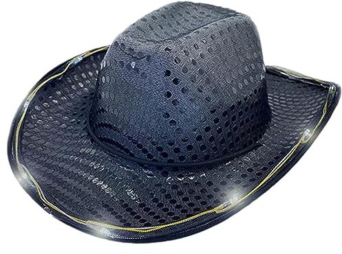 Halloween Kostüm Mädchen Bedruckter Trachtenhüte Rosa Western-Cowboyhut für Damen mit gefiedertem Silberrand beleuchteter Krempe, stilvolles auffälliges Schön Bedruckter Trachtenhüte (Black, One Size)