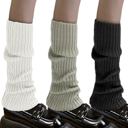KEYRI 3 Paar Beinstulpen für Damen, Warme Gestrickte Beinstulpen Langer Beinwärmer Winterstiefelmanschetten Stulpen Legwärmer für Frauen und Mädchen Ballett Tanz (Schwarz, Weiß, Grau, Einheitsgröße)