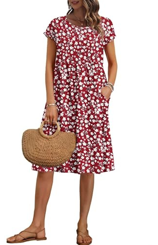 AUSELILY Vestito Estivo da Donna a Maniche Corte Abiti Casual Larghi Abito al Ginocchio con Scollo a Girocollo e Tasche