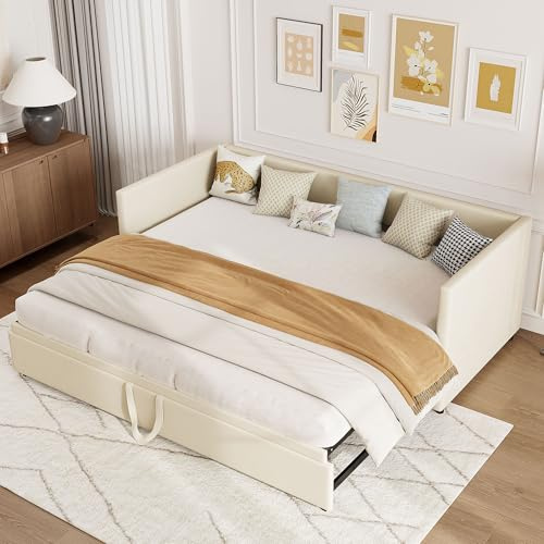 TEOSTWF Cama tapizada, 90 x 200 cm, abajo con cama 90 x 190 cm, 2 camas en 1 sofá cama, cama doble con cama nido, para adultos y jóvenes, montaje sencillo, terciopelo (Beige, 213 x 183 x 74 cm)
