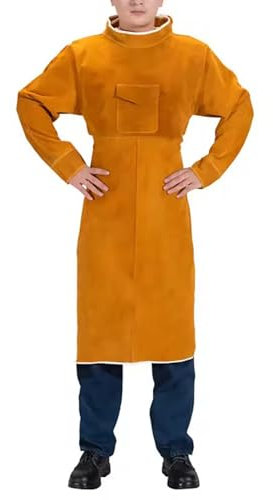 Delantal de soldadura de cuero con mangas, chaqueta de soldadura duradera, abrigo de soldadura a prueba de fuego para hombres y mujeres, amarillo, 120 cm