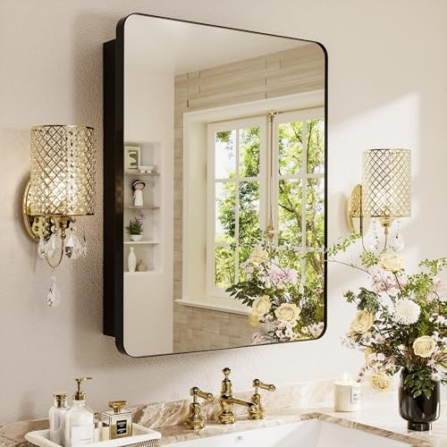 GoTiling Armadio da parete Bagno con specchio: 40 x 60 cm Armadio per farmacia da toilette - Mobile da parete con ripiani regolabili - Cornice nera opaca