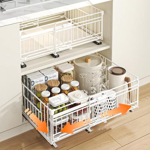 HABITELLO Organizador de Cajones Extraíbles para Cocina, Bandeja de Armario Telescópica Metálica para Especias y Botellas Sin Taladro, Ancho Ajustable 32.5 a 50 cm (Style B Bianco, 2 Unidades)