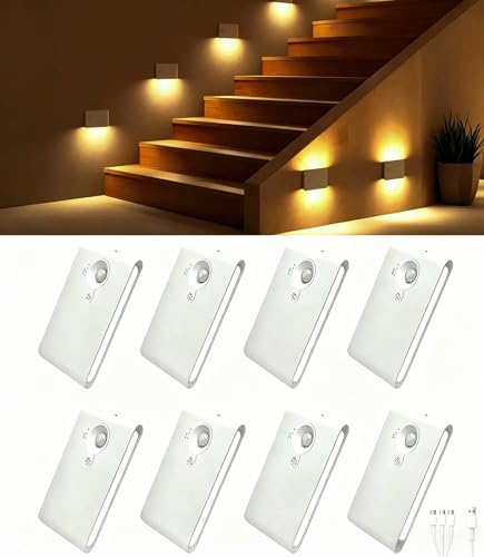 8 Piezas Luz Nocturna LED con Sensor de Movimiento y Batería Recargable Brillo Regulable, 4 Modos (ON/Auto/Noche/OFF), Luz Magnética Inalámbrica, Iluminación para Escaleras, Pasillo, Dormitorio,y Baño