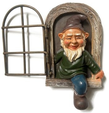 WUNZILO Gnomo de Jardín de Resina con Ventana para Árbol - Decoración Exterior de Duende Sentado para Terraza y Balcón, Adorno de Jardín, Figuras Decorativas Exterior, Regalo de Decoración Bosque