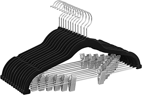 SONGMICS Sammetsgalgar med Klämmor, Halkfria Byxgalgar, 12-Pack | Platsbesparande Klädhängare med Justerbar Bredd, 42,5 x 23,5 x 0,6 cm, Bläck Svart, BREANNA Kollektion CRF12B