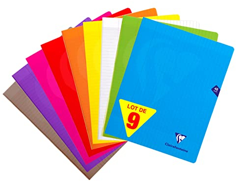 Clairefontaine 299311AMZC Lot de 9 Cahiers Agrafés Mimesys - 24x32 cm - 48 Pages Grands Carreaux - Couvertures Polypro Assorties (Rose, Bleu, Rouge, Jaune, Vert, Gris, Violet, Orange et Incolore)