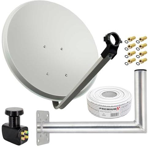 Premium X Satelliten-Komplettanlage 80cm Satellitenschüssel Aluminium Quad LNB Kabel 50m Wandhalter 45cm, SAT bis 4 Teilnehmer