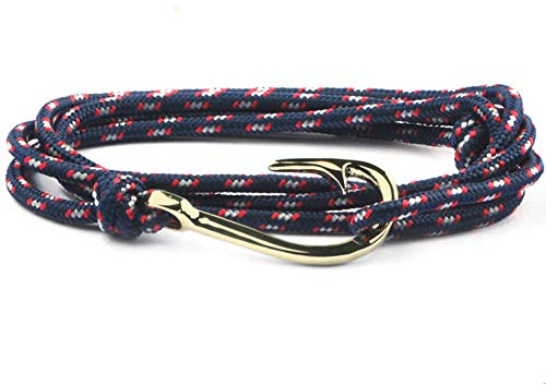 FLEXO Fish Hook Anchor Bracelet Nautical Rope Paracord Bracelet Handmade Nylon Cord Motivational Wristband Sailor Charm Black Silver Adjustable Dorsal Wrist Wrap Men Women - Blue & Red