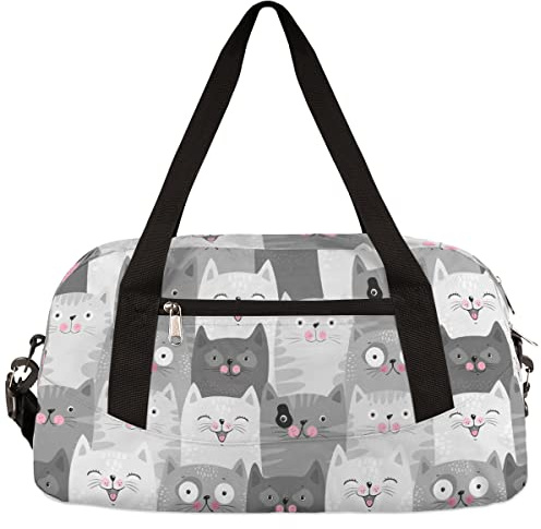 Cute Grey Cats Pattern Gym Duffle Bag for Kids,Sports Bag for Teens Boys & Girls Small Waterproof Overnight Weekender Carry School Practice Travel Bag