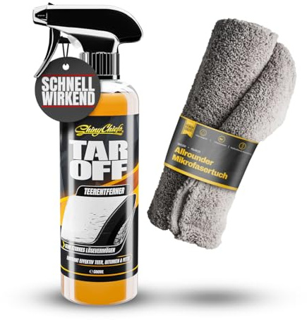 ShinyChiefs Tar Off - Teerentferner-Set Auto mit Mikrofasertuch - Entfernt Teer, Bitumen sowie Harz-, Fett- und Ölverunreinigungen von Allen Oberflächen - Teer-Entferner-Spray, 1x500ml Plus Tuch