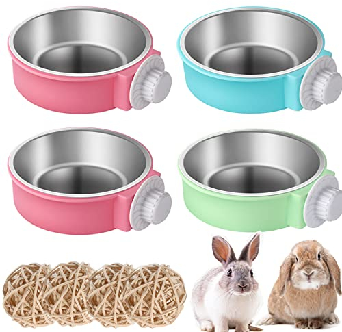 Kaninchen Napf Set, Große Kaninchen Schüsseln Haustier Hasen Futterschüsseln Kleine Tiere Käfig Schüssel und Edelstahl Hängende Wasser Futterschüsseln für Groß Bunny Hasen Napf (Rosa)