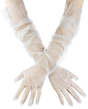 Feelorna Women's Long Tulle Gloves, Sheer Wedding Bridal Gloves Mesh Elbow Length Opera Party Glove for Wedding Evening Party Halloween Costume (White)