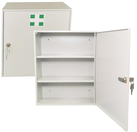 LEOMAR Medizinschrank, Apothekerschrank aus Stahlblech, mit 2 Ablagen, Abschließbar, Hausapotheke inkl. 2 Schlüssel, Medikamentenschrank, Erste-Hilfe-Schrank mit Metalltüren, 14 x 35 x 42 cm
