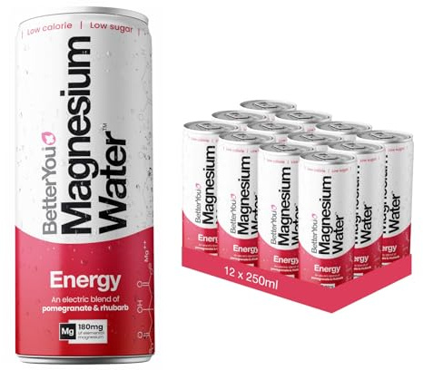 BetterYou Magnesium Mineral Water, Energy, Natural Sustained Energy Boost, Magnesium Glycinate, Vital B Vitamins & Nitrates, Infused with Pomegranate & Rhubarb, Pack of 12, 250 ml