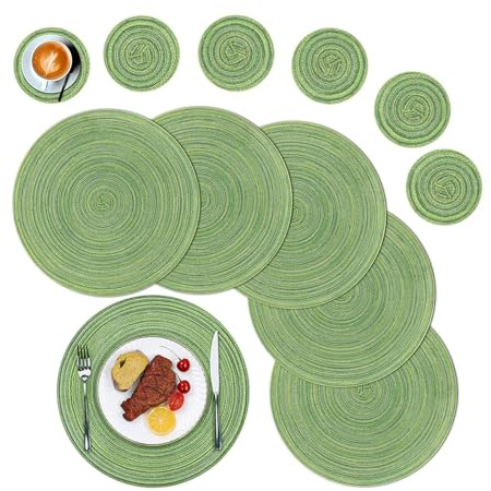 SHACOS Round Placemats and Coasters Set of 6, Round Braided Woven Place Mats Washable Green Table Mats and Coasters Sets Heat Resistant Table Mats for Kitchen Dining Table Home Restaurant