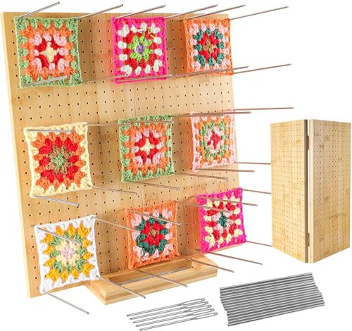 Strixorn Blocking Board for Crochet 15 inch, Wooden Crochet Blocking Board and 20 Pins, Knitting Blocking Board for Granny Squares, Crochet Blocker Knitting Board with Easel Design