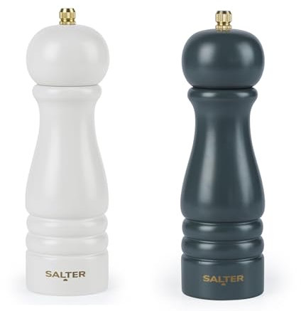 Salter Olea Salt & Pepper Grinder Set – Wooden Seasoning Mills, Adjustable Grind Coarse to Fine, Ceramic Mechanism, Manual Grinding for Salt Crystals & Whole Peppercorns, Rustic, Grey/Green