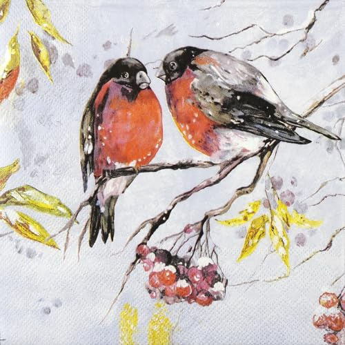 20 servilletas de papel Ambiente con diseño vintage de pájaros en rama, decoración de mesa con motivo también para fiestas de Navidad o decoupage, 33 x 33 cm