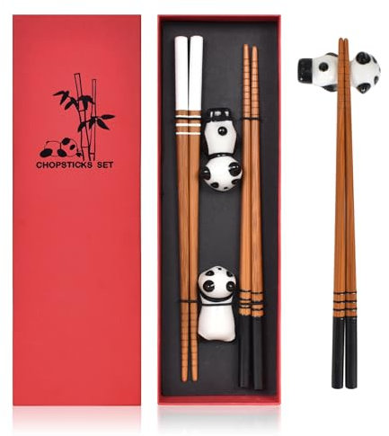 2 Paia di Bacchette di Legno per Sushi, Bacchette Cinesi con Supporto, Bacchette Sushi Set Regalo, Bacchette Riutilizzabili, con Porta Bacchette Panda, per Piatti Cinesi e Giapponesi