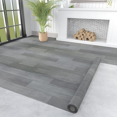 Oxdigi Vinyl Flooring Roll 53 sq.ft | 3'4W x 16'5L, PVC Leather-Like Linoleum Floor Covering, Waterproof Durable Heavy Vinyl, Easy to Install with Tape, Removable- No Adhesive Backing, Ash Grey