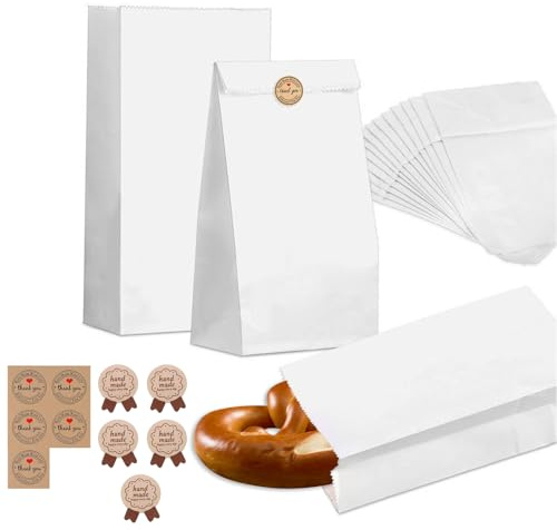 SoeUyd 50 stycken smörlåda, papperspåsar vita, smörlådor vita, med klistermärken, kraftpapperspåsar, lämpliga för godis, kex, bröd, påsk, alla hjärtans dag och andra presentpåsar