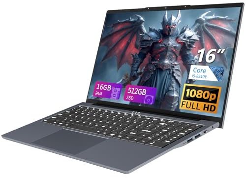 Notebook 16 Pollici, Core i5-8210Y CPU, Win 11 PC Portatile 16GB RAM 512GB SSD, Laptop Tastiera Retroilluminata, 1920*1200 IPS Full HD Schermo, (Mini-HDMI+USB3.0+Type-C+Webcan+WIFI5+5800Mah Battery)
